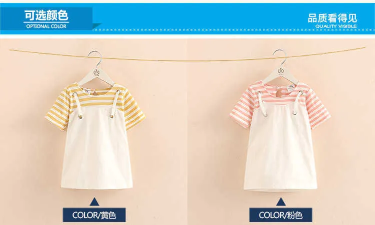  Summer Little Kids Children Short Sleeve Striped Fake Two Pcs Suspenders Dresses For Girls of 2 4 6 8 10 12 Years old (1)