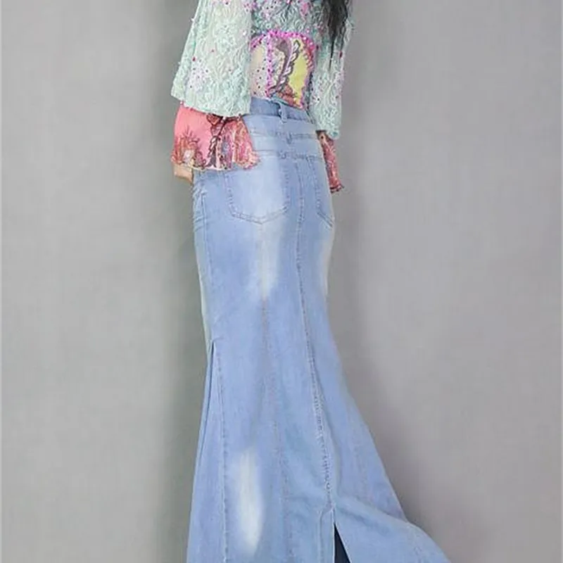 Womens Light Blue Denim Mermaid Skirt Stretchy High Waist