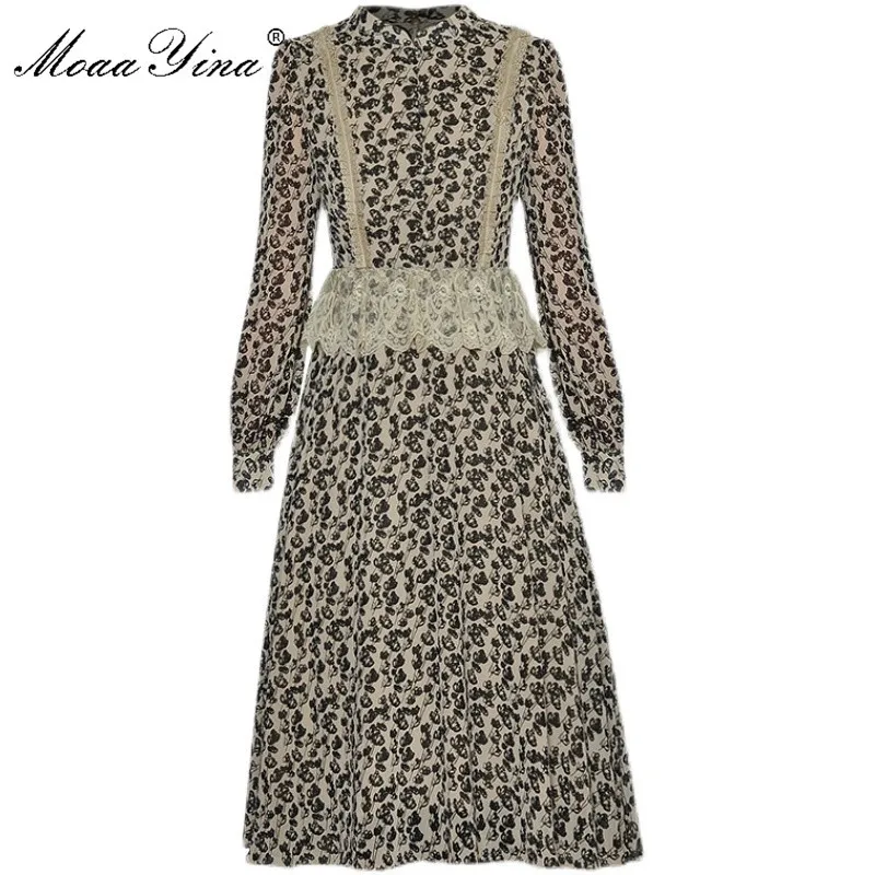 Mode Designer Dress Spring Women's Dress Stand Collar Långärmad Floral-Print Ruffles Chiffon Dresses 210524