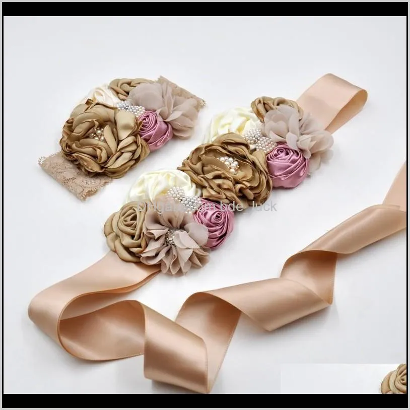 Lace Baby Girls Headbands Matching Satin Waist Band Vintage Chiffon Flower Women Sash Belt Set Wedding Belt Photography Props