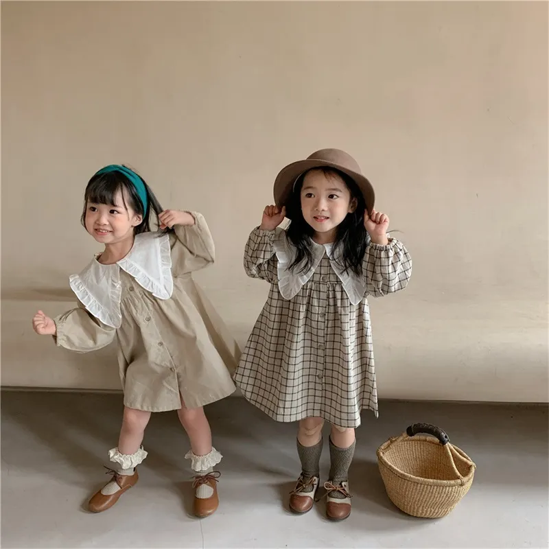 Girls Dress Autumn Casual Big Turn Down Collar Plaid Linen Dresses Korean Clothes Princess 20220223 Q2