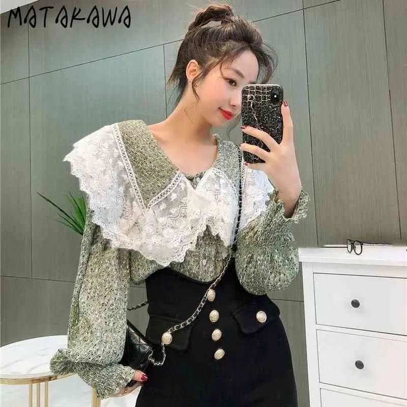 Matakawa Drukuj kwiatowy bluzka Kobiety Wiosenna Koronka Blusas Peter Pan Collar Składany Szyfonowa Koszula Damska Top 210513