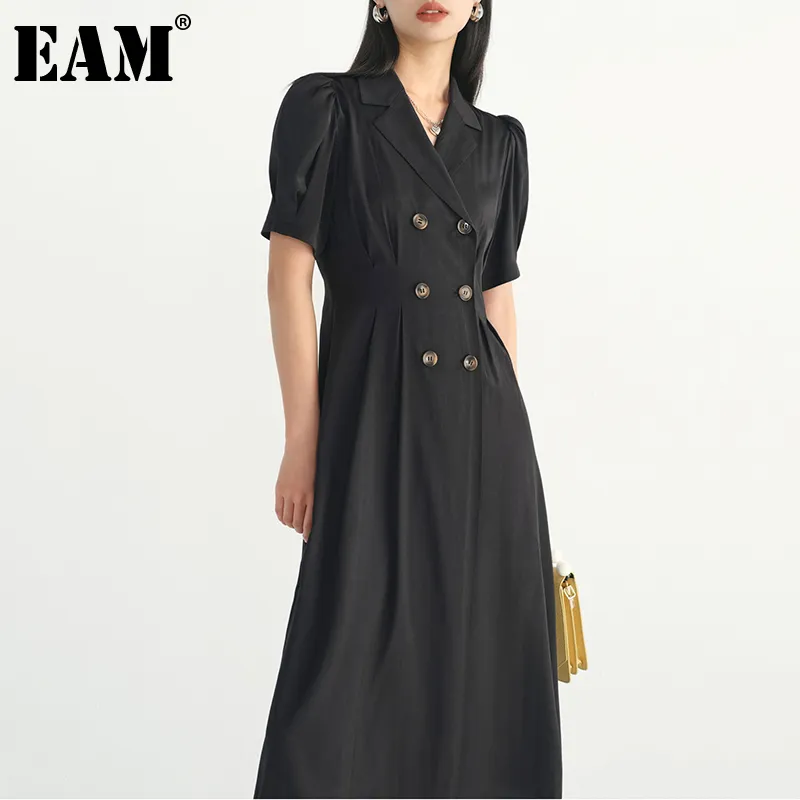 [EAM] Femmes Noir Longue Vintage Robe à double boutonnage Revers à manches courtes Coupe ample Mode Printemps Été 1DD6000 210512