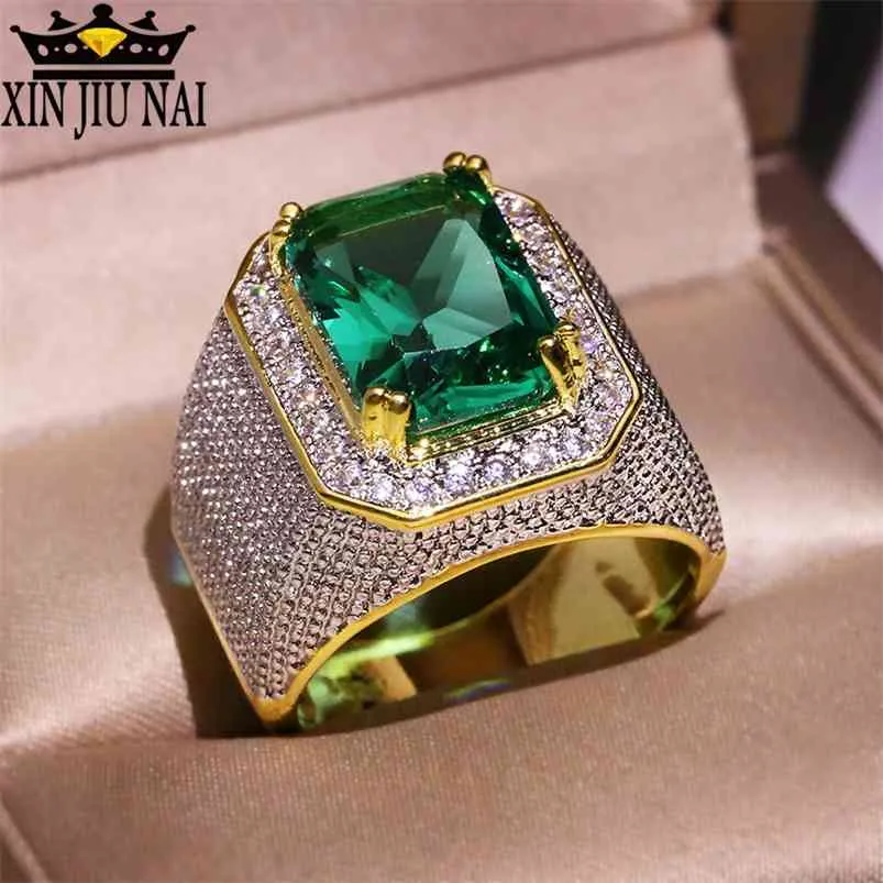 Europe States Exaggerated large Green Zircon Olive Emerald 14K Gold Full Diamond Ring Men And Women Party Jewelry Gift 210701