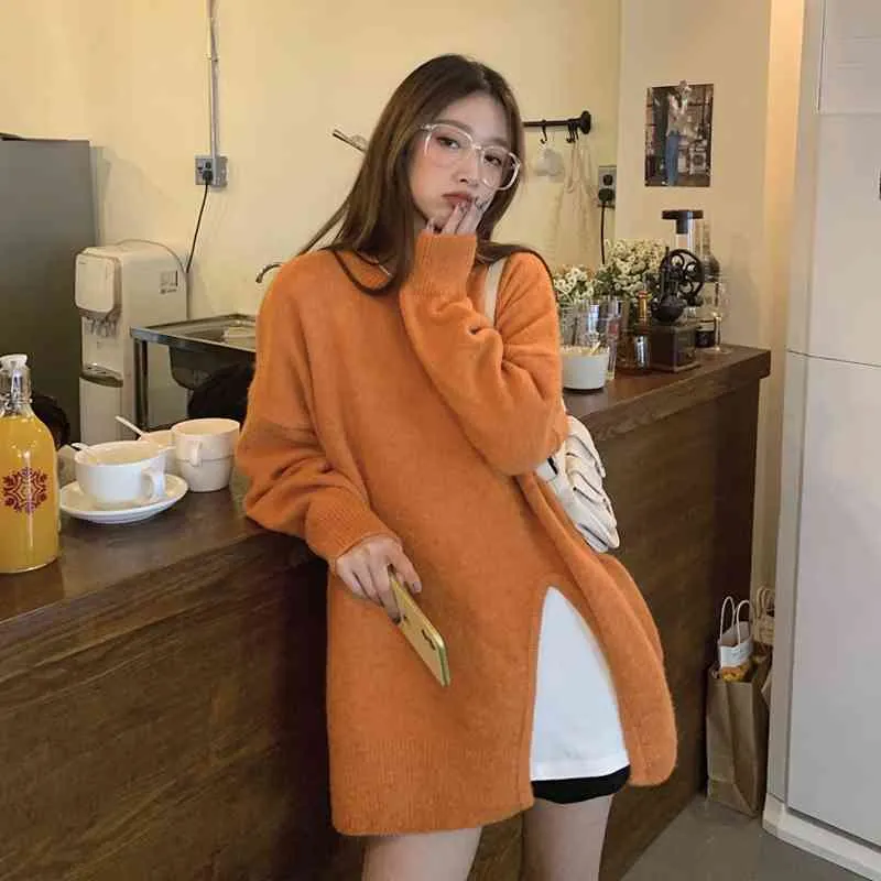 WERUERUYU Autumn Winter Women Knitted Sweater Jumpers O neck Long Sleeve Split Solid Pullovers Jumpers Female 210608