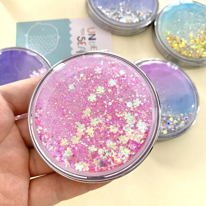 Liquid Bling Glitter Quicksand Portable Folding Mirror Double Sided Foldable Pocket Mirrors