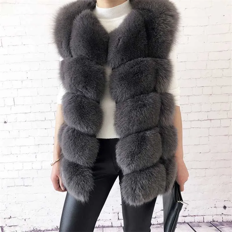 Chaleco de piel de zorro real de alta calidad para mujer 100% natural piel real moda abrigo de piel chaqueta chaleco abrigo de cuero genuino 210927