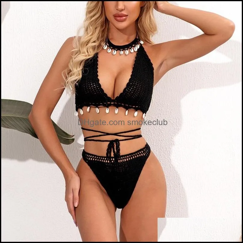 3pcs Bikini Set Woman Crochet Shell Tassel Bikini Top And Seashell Ankle Chain Sexy Thong Hollow-out Low Waist Bikini Bottom 895 Z2