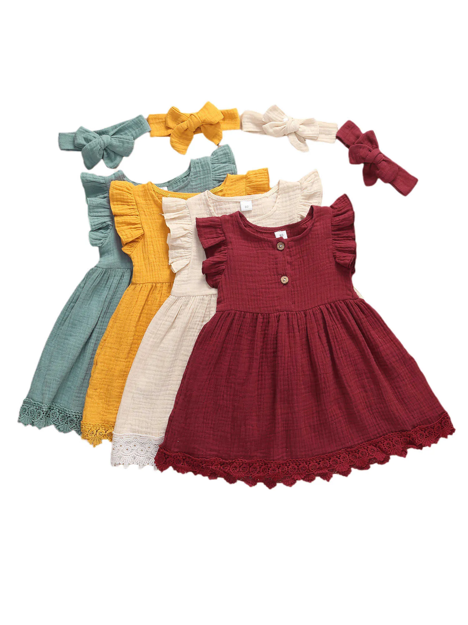 1-4Y Summer Söt Baby Girls Dress 4 Färger Ruffles Sme Solid Bowknot Knee Längd A-Line Dress Headband Q0716