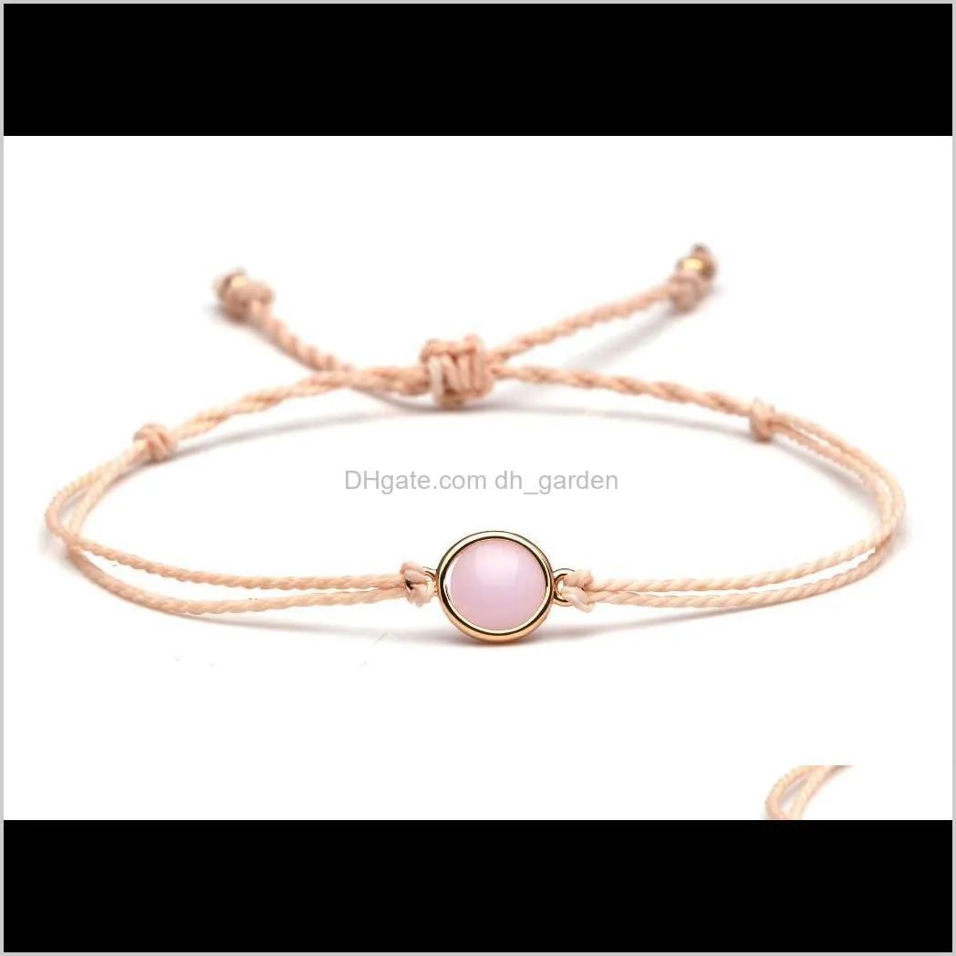 cute copper pink semi-precious stone charm bracelet women men nice grey beige waxed string round stone handmade jewelry present1