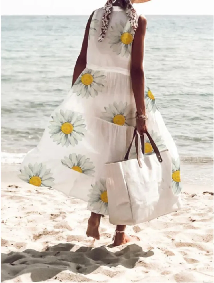 Floral Drawstring Beach Dress for Women, V-neck, Long, Plus Size Fashion Floral Drawstring Beach Dress for Women, V-neck, Long, Plus Size Fashion