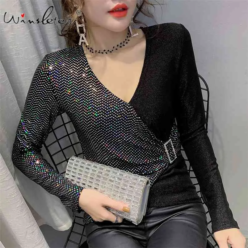 Brillante Bling camiseta mujeres lentejuelas diamante hebilla color bloque patchwork manga larga tops ropa mujer T02311B 210421