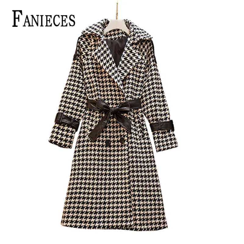 Plus Storlek 4XL Höst Vinter Kvinnor Coat Overcoat Houndstooth Mid-Length Bandage Tjockad Woolen Coats Jacka 210520