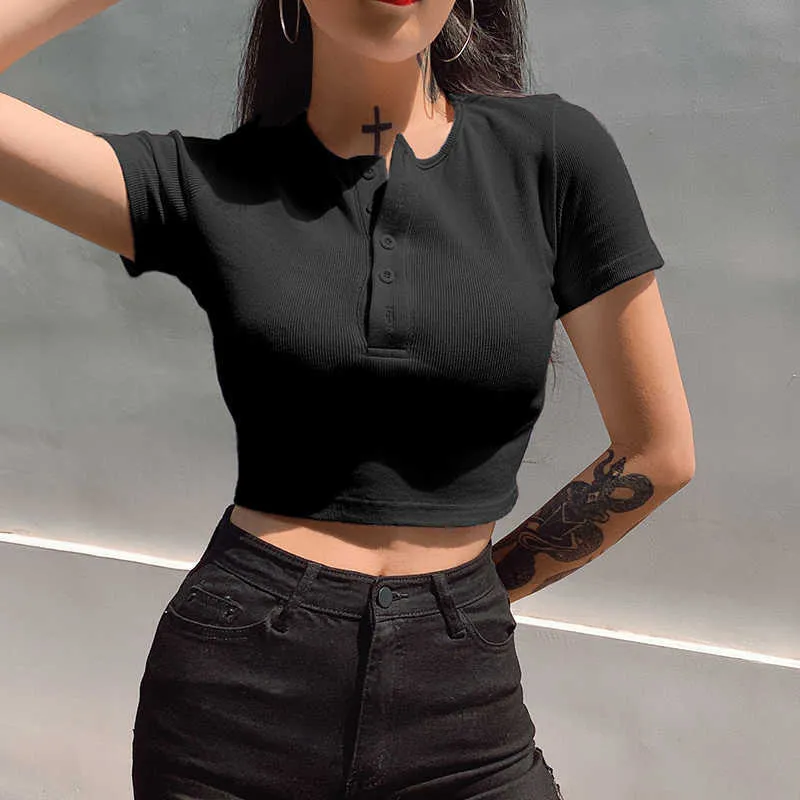 SUCHCUTE Female T-Shirt Ribbed Vintage Cropped Tops Summer 2020 Streetwear Gothic Drawstring Clothing Modis Womenswear Clothes Y0629