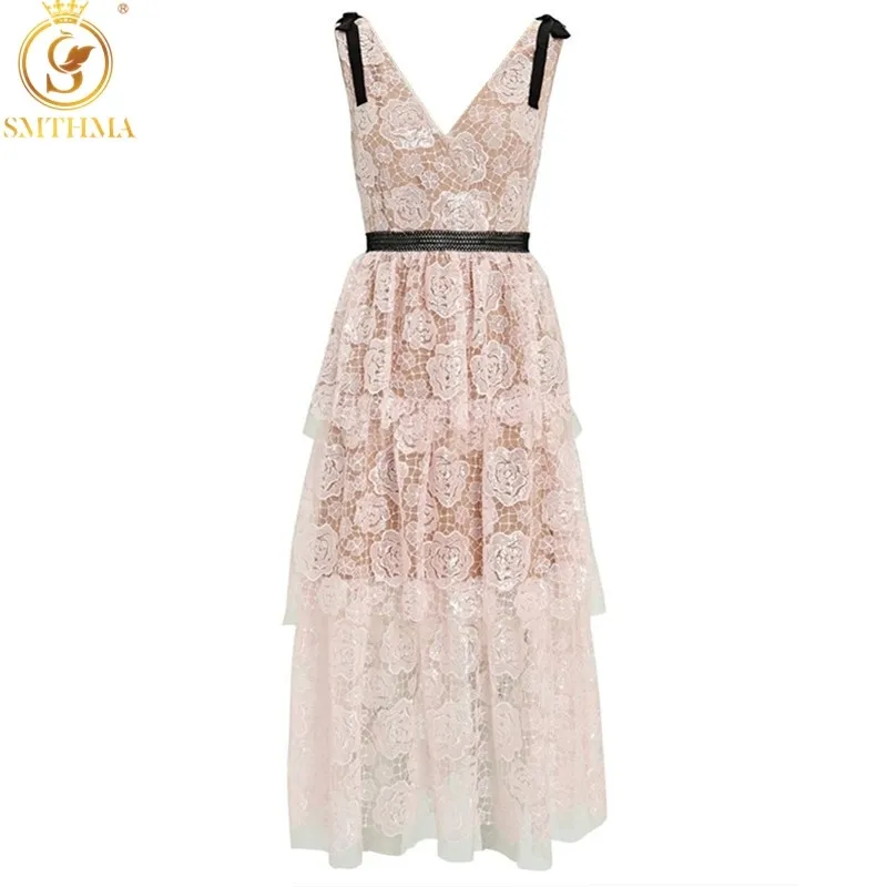 Vintage elegante roze roze kant uitgehold zomer jurk dames borduurwerk partij jurken vestido midi feminino 210520
