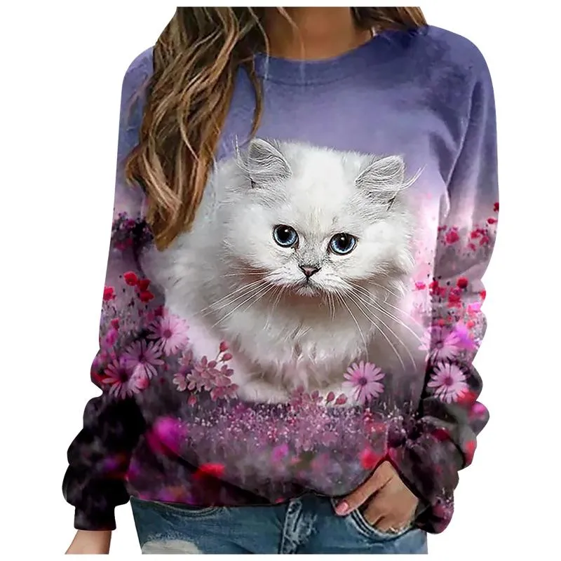 Kvinnors Tröjor Hillsionly Plus Storlek Mode Casual 3D Kawaii Animal Print O Neck Sweetshirts Loose Sport Tops Pullover för W