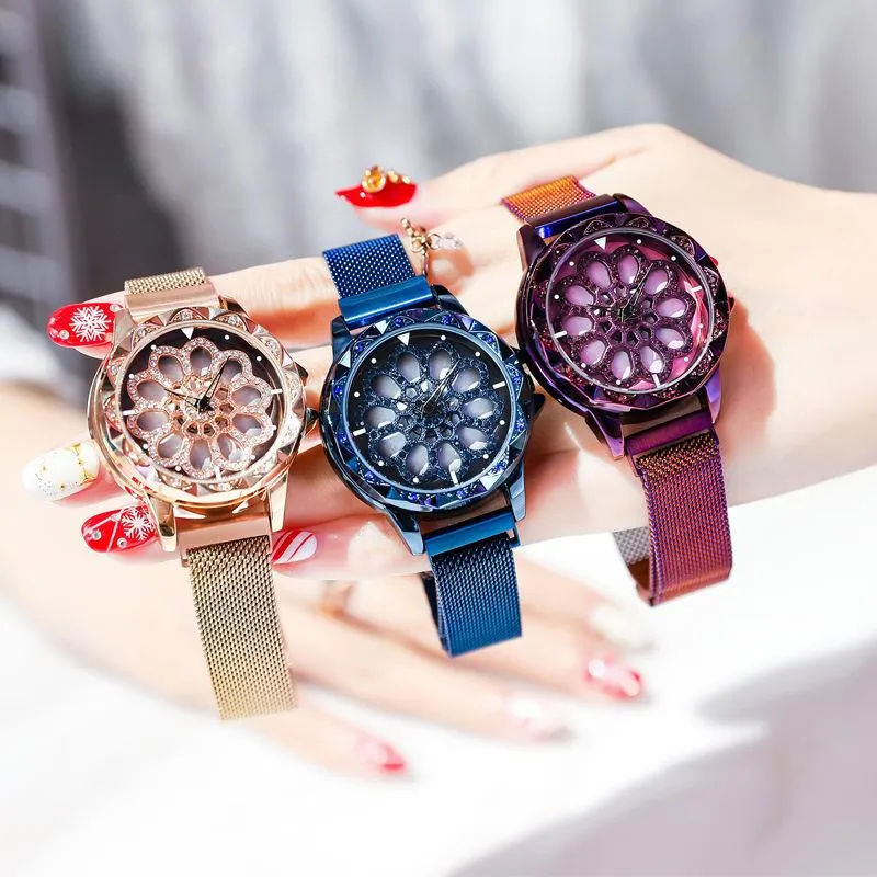 Femmes 360 degrés Rotation montres de luxe or diamant aimant ciel étoilé dames montre mode géométrique Quartz montres-bracelets