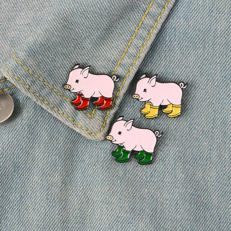 Piggy in Rain Boots Cartoon Brooch Pink Pig Drip Badge Hard Enamel Pin Collection Button Collar Decor Bag Kids Jacket Denim Hat Accessory