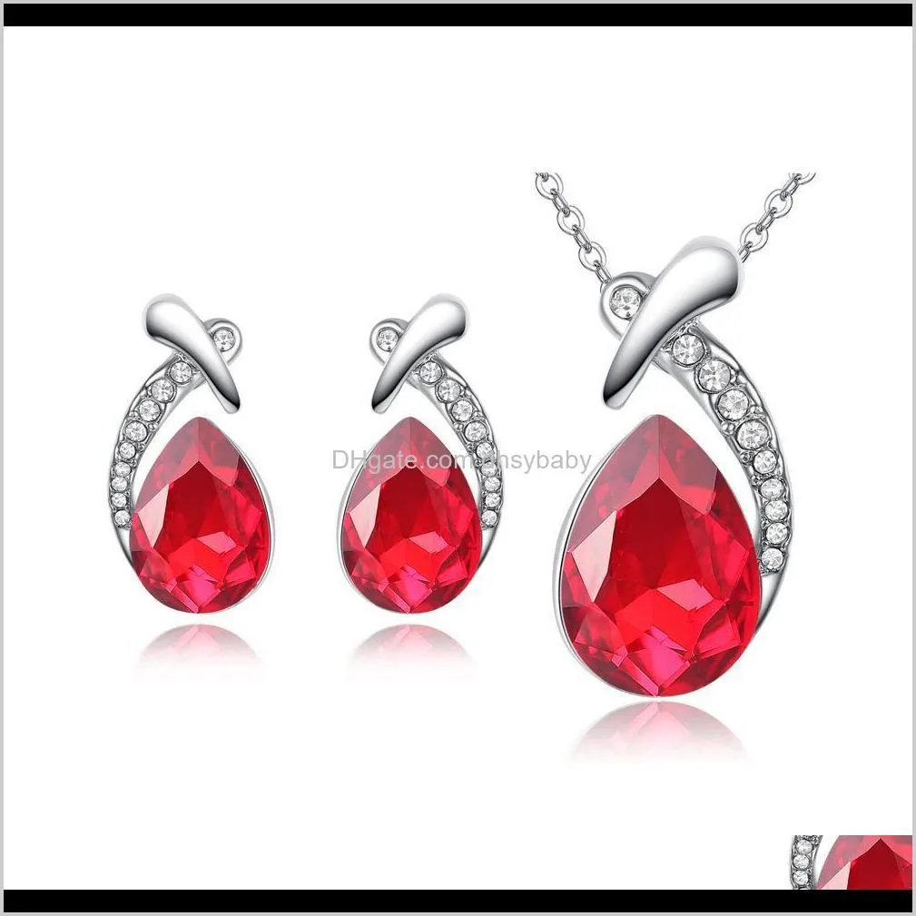 fashion earrings necklace chain set white gold platinum plated women silver water drop jewelry sets austria crystal charms gifts for