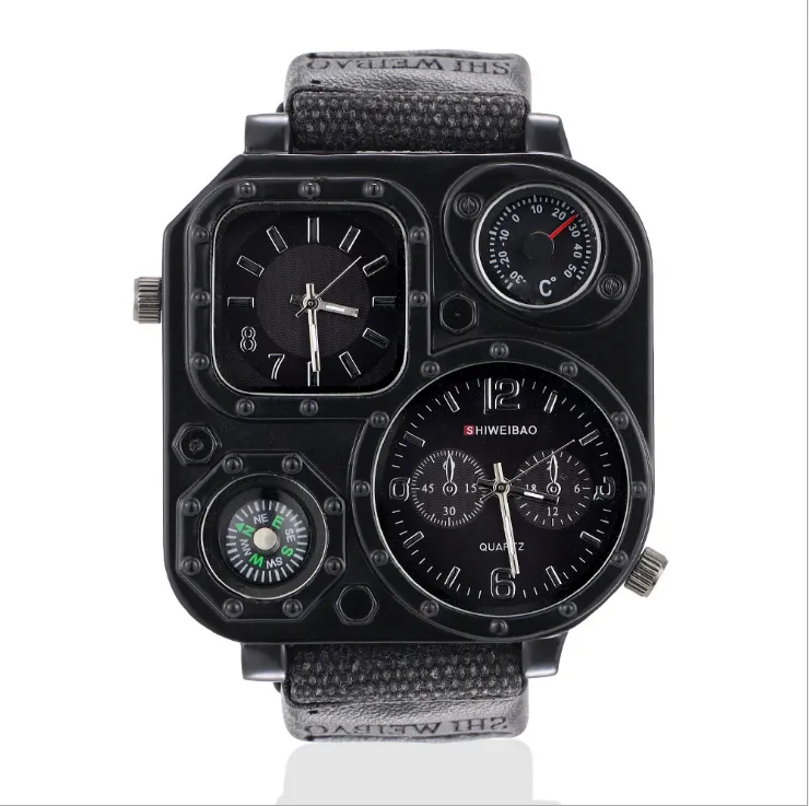 GMT Dual Time Militaire Montre Homme Boîtier En Acier Inoxydable Arrière Montres À Quartz Extérieures Bande De Toile Boussole 50mm Grand Cadran Carré Masc320I