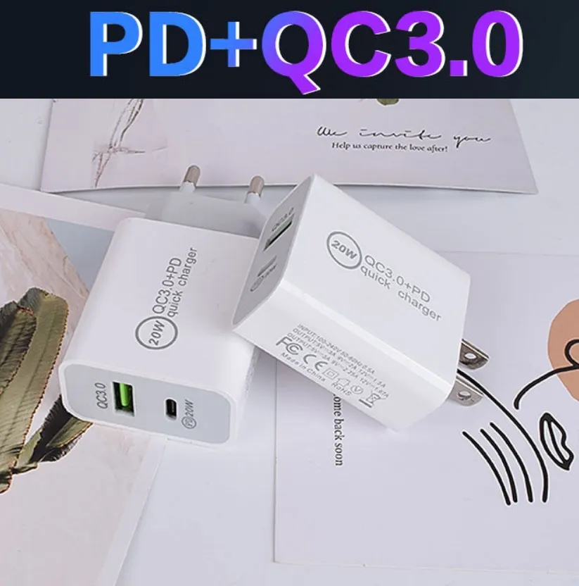 20W PDタイプC QC3.0 USBファストチャージャー電話US EU AUプラグアダプターウォール充電器用iPhone 12 Pro Samsung OnePlus HTC Xiaomi AFC FCP