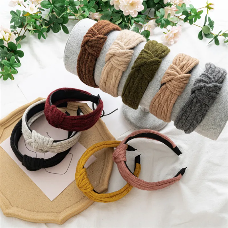 Wide Breimmed Hairband Winter Gebreide Geknoopte hoofdband Turban Bezel Wollen Breien Solid Head Hoop Haaraccessoires