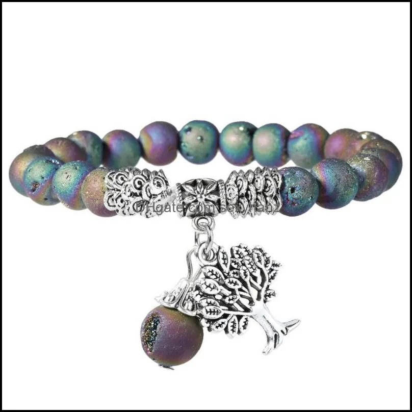 Strängar armband semi ädelsten armband med träd av liv charm, 7 chakra pärlor kristallläkning reiki ncing yogamycken 8mm 7 "Beade