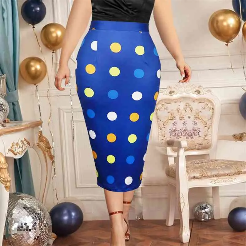 Jupe Midi Taille haute Taille Polka Dot Floral Imprimer Office Dame Élégant Summer Mode Jupes Plus Taille Jupes pour Femmes Drop 210527