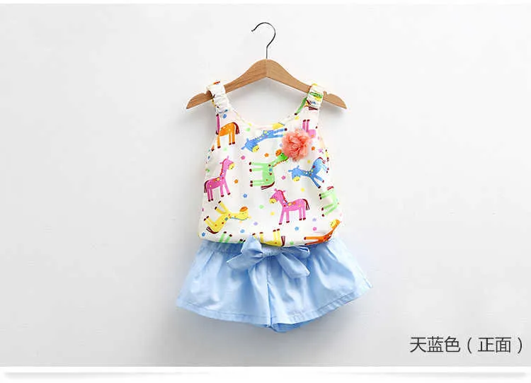 Girls Clothing Set O-neck Sleeveless Summer 2-10 Years Kids Cartoon Colorful Horse Print Vest+Shorts 2 Piece Outfits Sets (10)