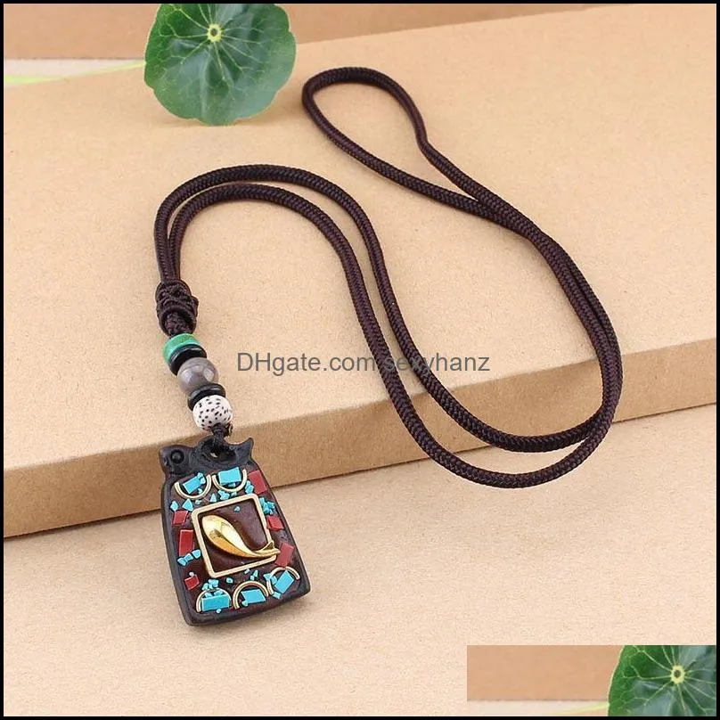 Pendant Necklaces National Ebony Nepal Sweater Amulet Chain Wood Elephant God Buddha Long Necklace Woman Kallait Gem Crystal Grave