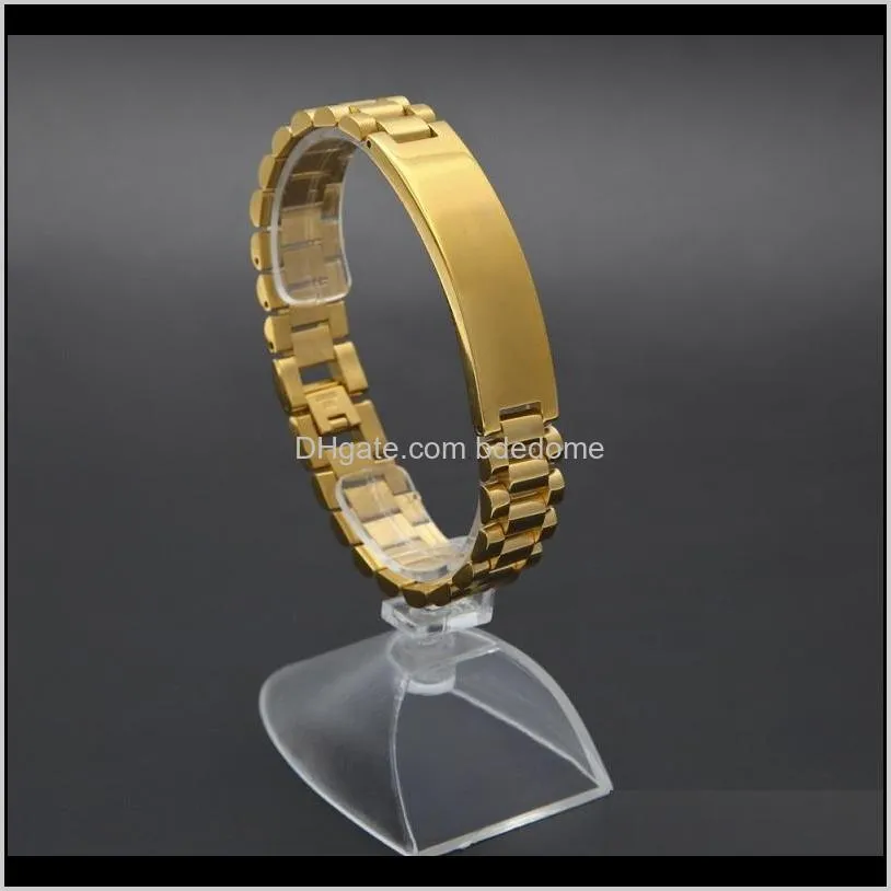 mens watch link bracelet gold plated stainless steel links cuff bangles hip hop jewelry for men gift