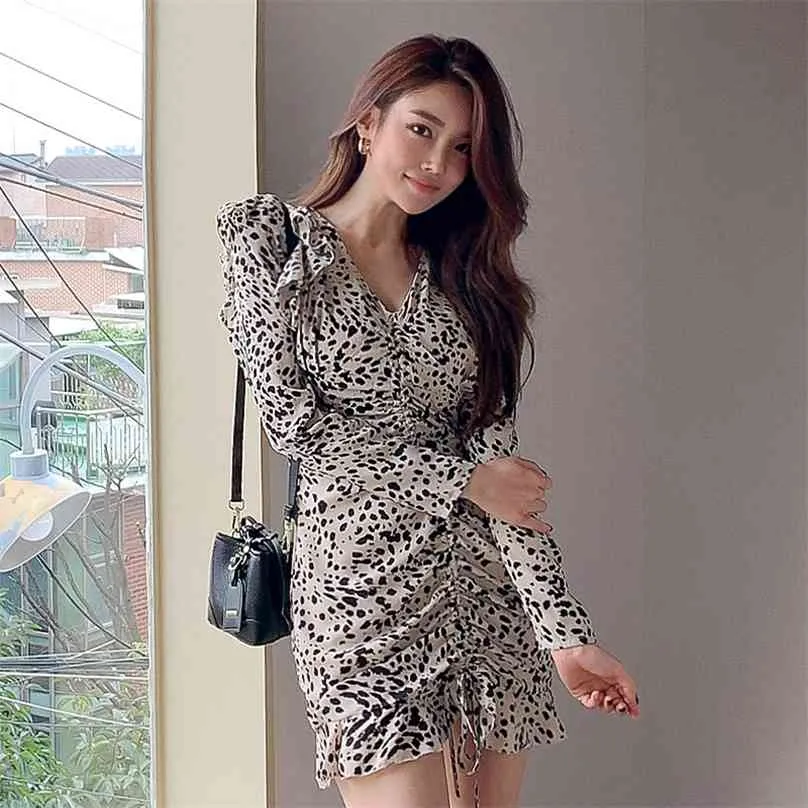 autumn leopard print Dresses korea Ladies chiffon v-neck Long Sleeve Mini Sexy Club Party for women clothing 210602