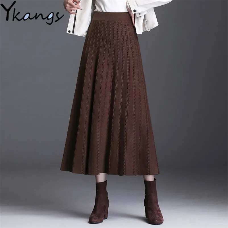 Hiver épais femmes chaudes jupes plissées lurex hautes taille sweater s coréen automne long a ligne midi noir gris 210421