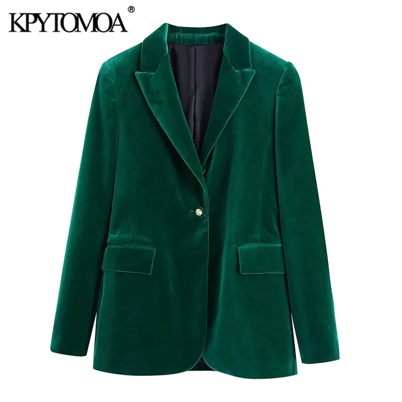 Kpytomoa女性のファッションメタルボタンベ​​ルベットグリーンブレザーコートビンテージ長袖フラップポケット女性の上着シックなベス220216