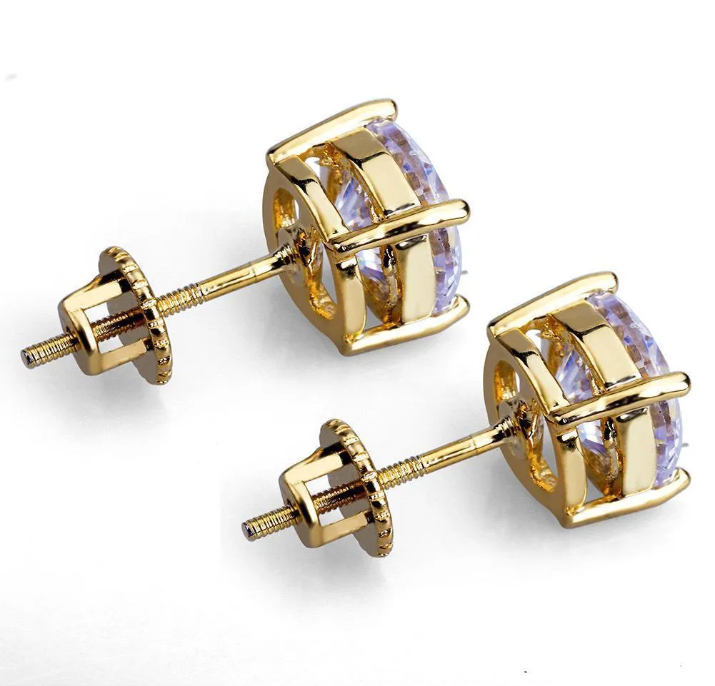 18k gold hip hop iced out cz zirconia round stud earrings 0.4 0.6 0.8cm for men and women diamond earrings studs rock rapper jewelry