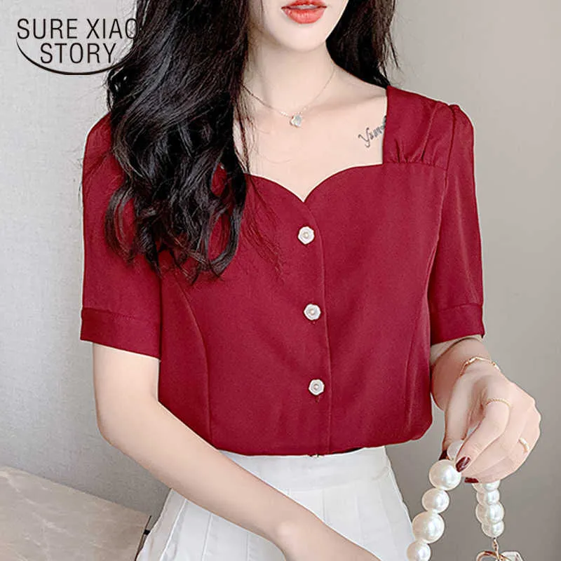 Summer Short Sleeve Square Collar Chiffon Blouse Wine Red Sweet Korean Cardigan All-match Top Female Woman's Shirts 10052 210527