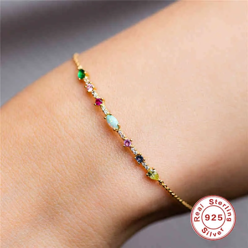 Romad 925 Sterling Sier Boho Rainbow Cyrkon Koraliki Łańcuch Bransoletki Turkusowy Purpurowy Zielony Pave Charm Bransoletka Biżuteria