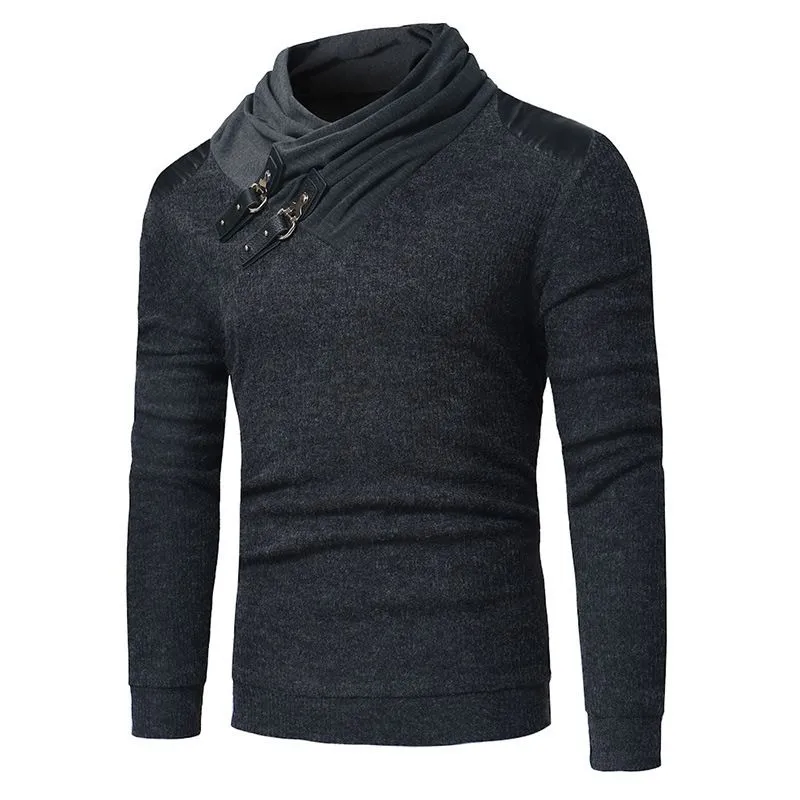 Neue leder schnalle dekorative einfarbige pullover mode männer Pile kragen nähte langarm dünne beiläufige top kleidung