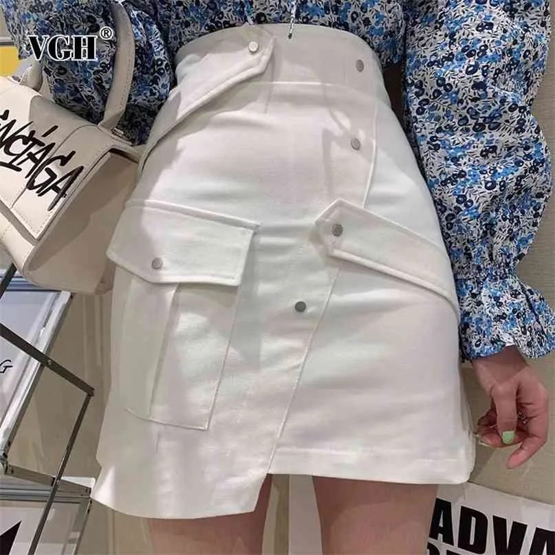 Jupe à ourlet irrégulier blanc pour femmes taille haute patchwork poche décontractée mini jupes crayon femme vêtements de mode d'été 210531