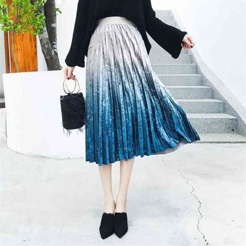 Hög midja lång pläterad kjol höst vinter italiensk design mode blå kvinnor s kvinnors guld sammet sliver 210421