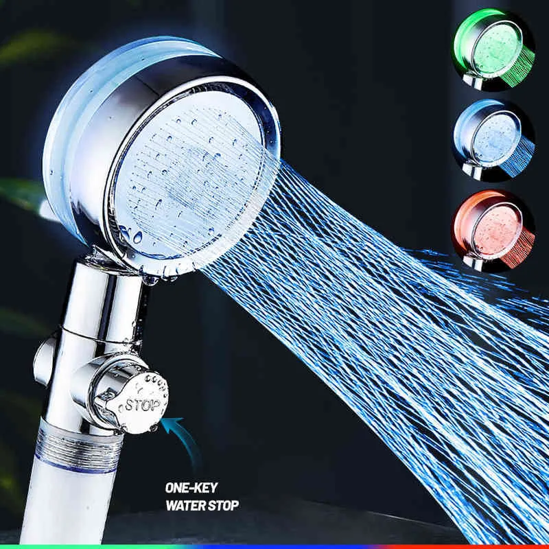 張りの3色LEDシャワーヘッド温度制御が停止ボタンと綿のフィルター節水の節水ハンドヘルドシャワーノズルH1209