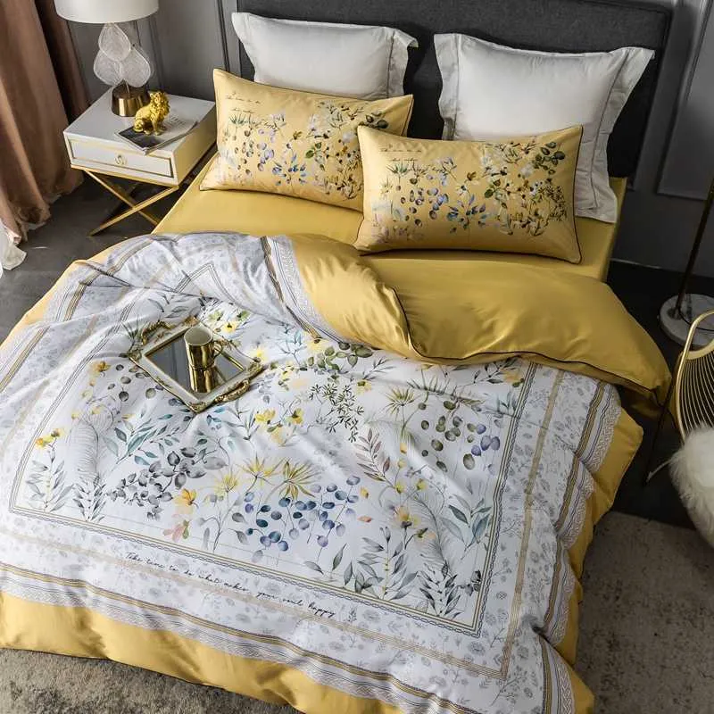 Europäischer Stil Digitaldruck 600TC Ägyptische Baumwolle Bettwäsche-Sets Bettbezug Kissenbezug Flaches Blatt Luxus Queen King#sw 210615