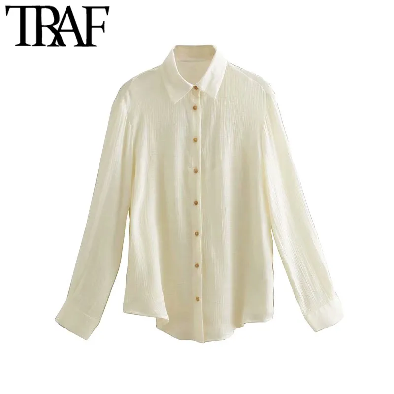 TRAF Women Fashion Office Wear Button-up Semi-Sheer Blusar Vintage Lapel Collar Långärmad Kvinnlig Skjorta Chic Toppar 210415