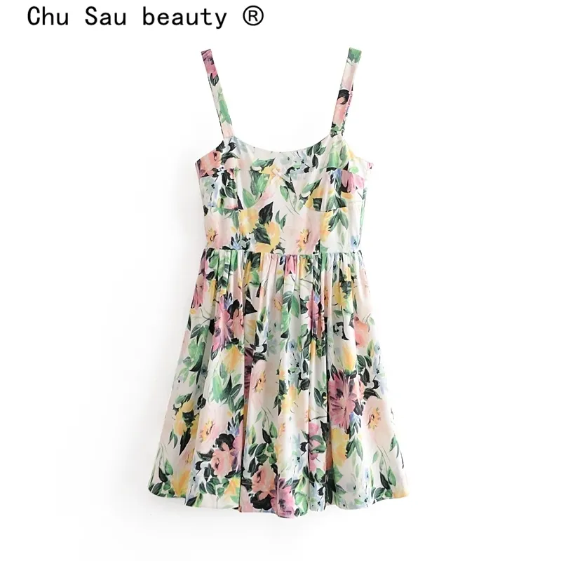 Mode été décontracté Chic couleur imprimé fleuri Mini robe femmes vacances Style dos nu fronde robes femme Vestidos 210508