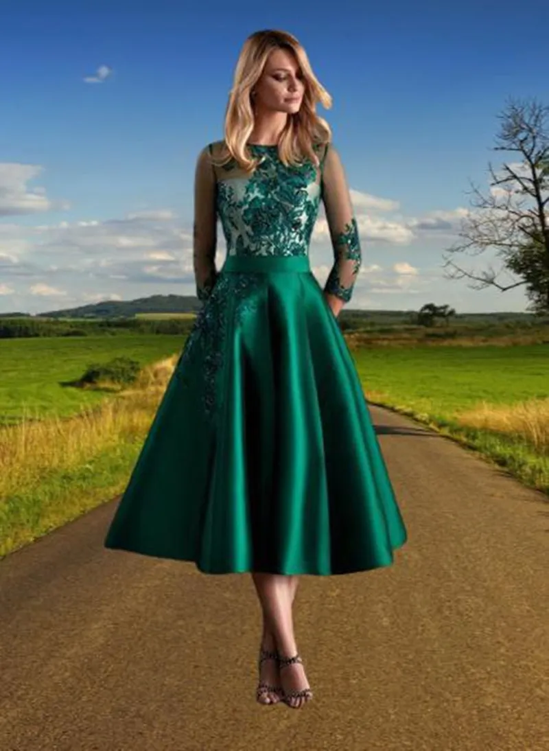 green wrap dress long sleeve Dark Green Under Knee Length Cocktail Dress with Spaghetti Straps – Rosymae main image 1