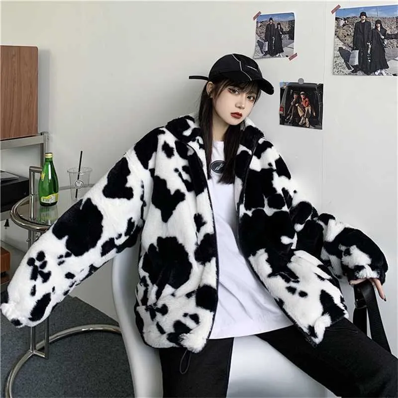 Harajuku Cow Print Leather Jacket | Oversized Flannel Lined Winter