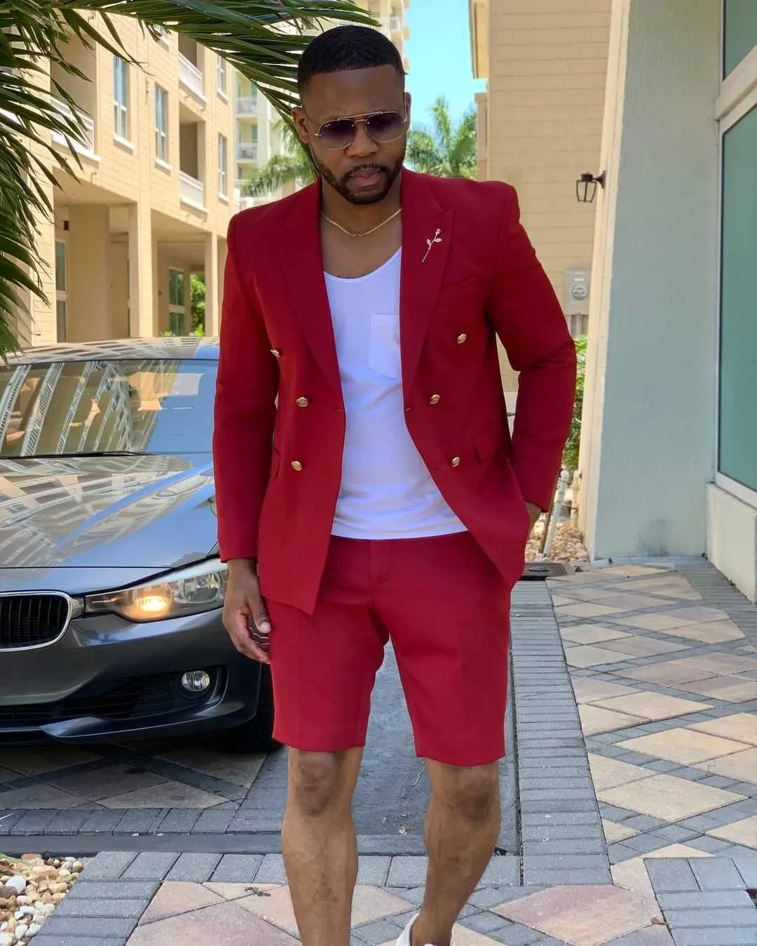 Red Men Suits Double Breasted Jacket Short Pants 2 Piece Summer Stylish Wedding Prom Casual Beach Slim Fit Groom Tuxedos Blazer X0909