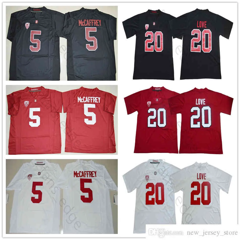 2018-2019 NCAA 스탠포드 추기경 대학 축구 착용 # 20 Bryce Love Jersey 화이트 레드 홈 멀리 스티치 망 # 5 Christian McCaffrey 유니폼