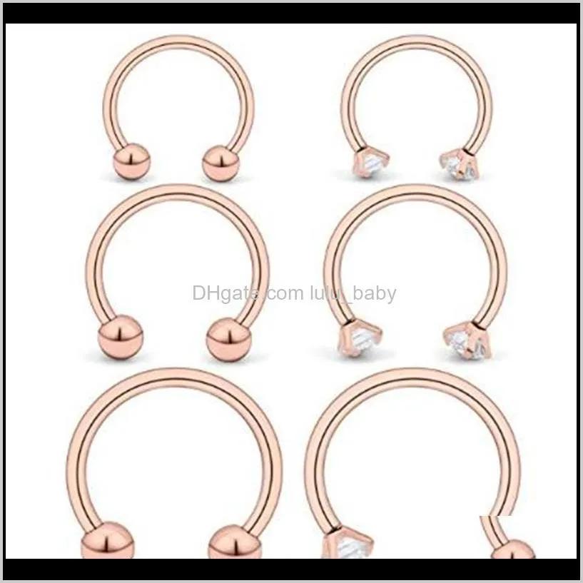 6pcs 16g stainless steel clear cubic zirconia ball nose septum horseshoe earring eyebrow lip helix tragus cartilage piercing
