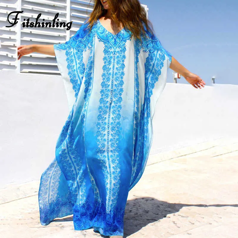 Fitshinling Duży rozmiar Prosto Długie DrBeach Holiday Boho Robe Lato Drukuj Batwing Rękawem Maxi Dresses Kobiety Tunika Sexy Hot X0621